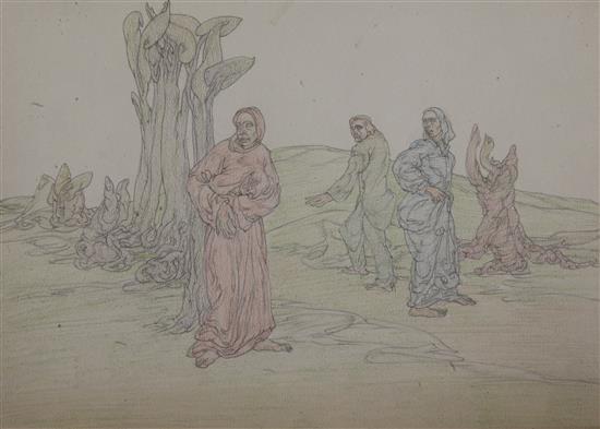 § Austin Osman Spare (1888-1956) Three figures and tree stumps in a landscape 7 x 10in. unframed